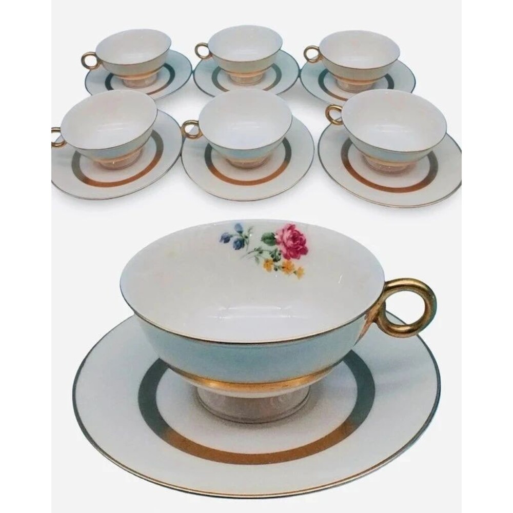Theodore Haviland Marlbourough Teacups Saucers Set of 6 Gold Trim Floral Vintage
